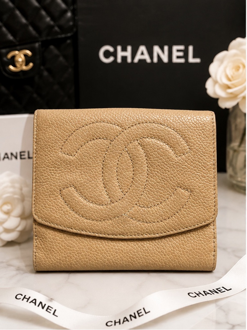 CHANEL Vintage Beige/Tan Caviar Leather Wallet ✨